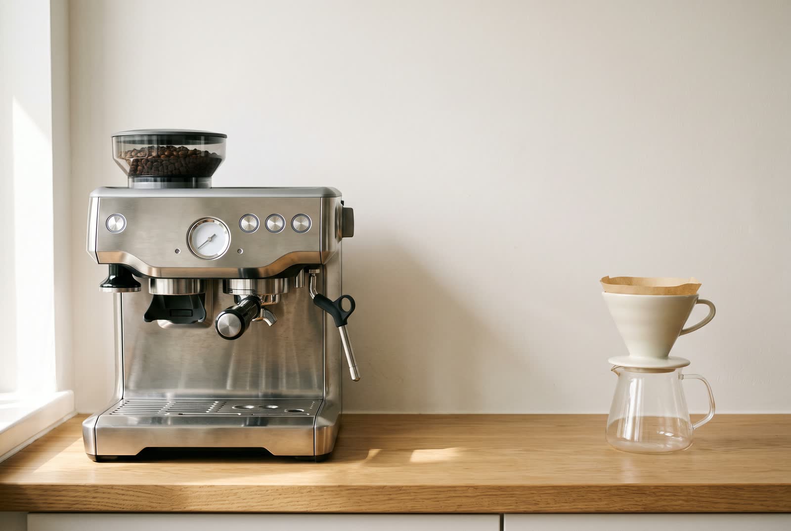 A brushed steel espresso machine and a ceramic pour-over cone on a glass server share one light oak counter.