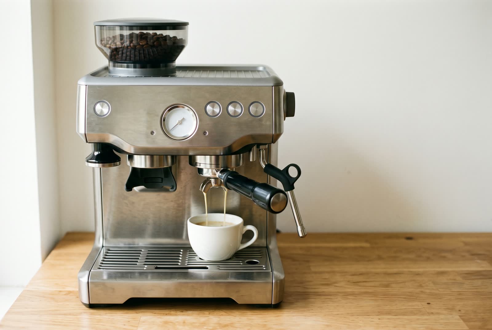 A thin, pale stream of espresso runs from a portafilter into a cup, watery and weak-looking.