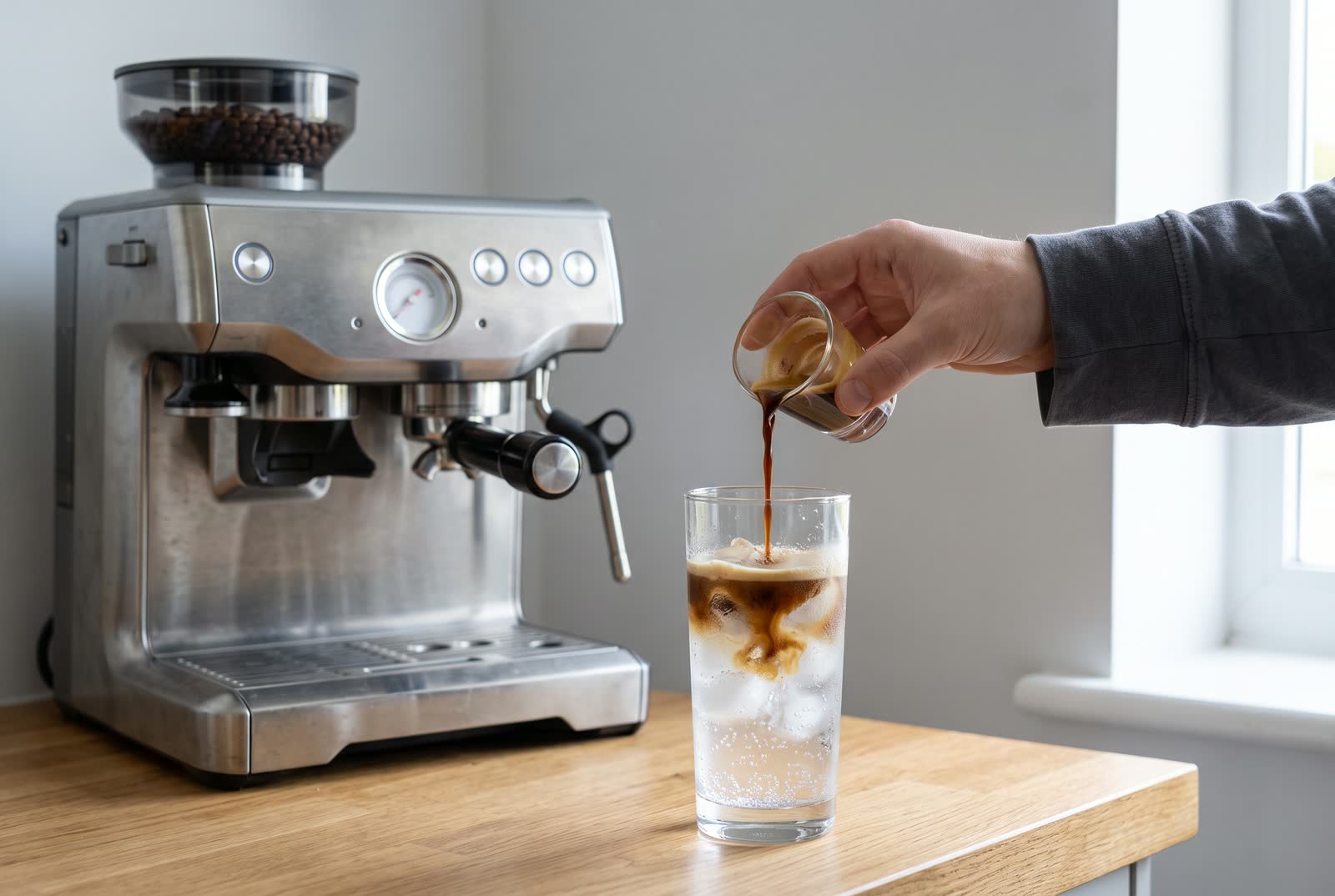 A hand in a dark grey sleeve tips a small glass of espresso over a tall glass of ice and fizzing tonic on a light oak counter, the dark coffee falling through the clear tonic in ribbons and not yet mixed.