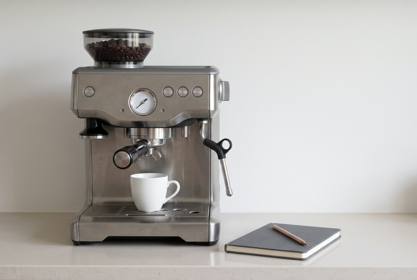 A brushed steel espresso machine stands on a pale stone counter with a white cup on its drip tray, a small closed notebook with a blank dark grey cloth cover lying flat beside it with a pencil across it, nothing written anywhere in the picture.