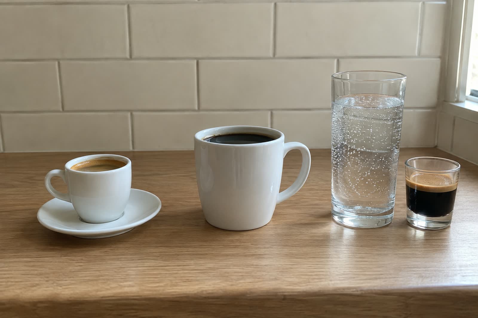 On a light oak counter in front of cream subway tile: a small white espresso cup on a saucer, a larger white cup of black coffee, and a tall glass of sparkling water with a small glass of espresso beside it.