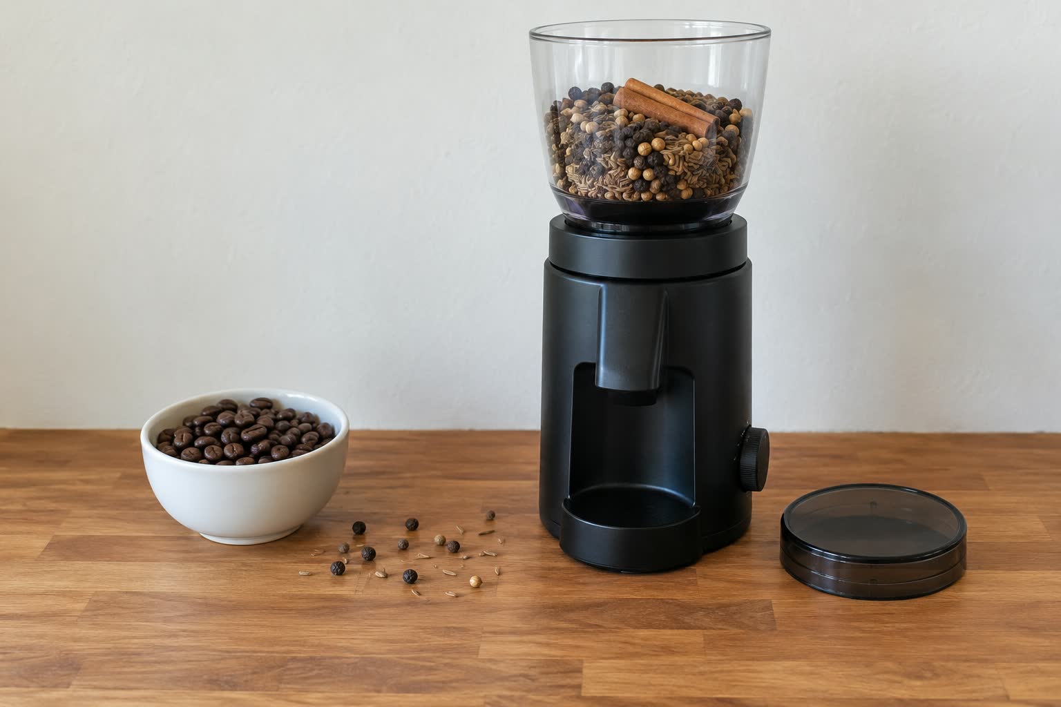 A matt black burr grinder stands on a butcher block counter with its lid off, its clear hopper filled with whole peppercorns, coriander, cumin and two cinnamon sticks instead of coffee, a white bowl of whole dark coffee beans beside it and a few loose seeds scattered between them.