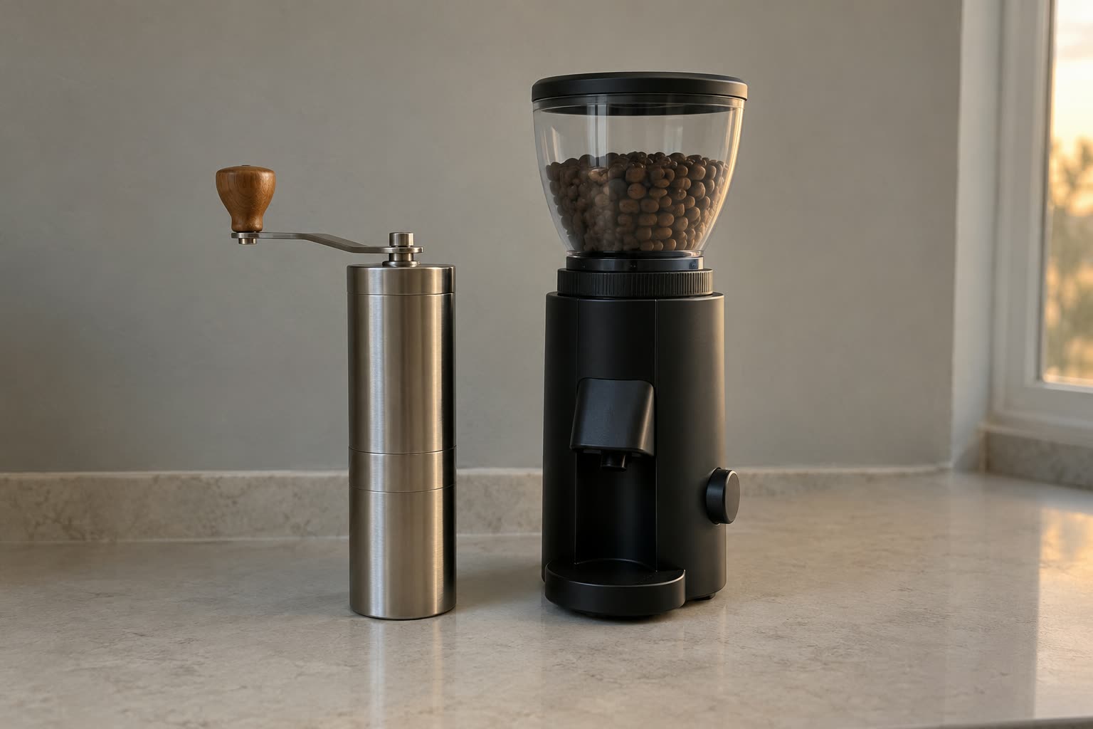 A slim brushed steel hand grinder with a folding crank and a small wooden knob stands beside a taller matt black electric burr grinder with a clear hopper of beans, on a pale stone counter in front of a pale grey wall, evening light from a window at the right.