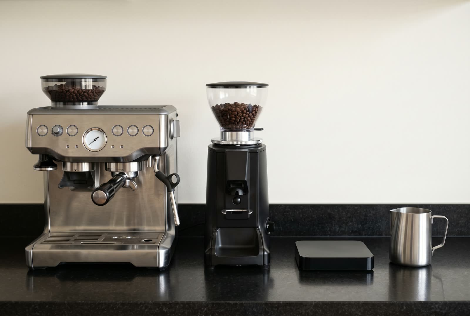 An espresso machine, a black grinder, a dark scale and a steel milk jug stand in a row on a black granite counter.