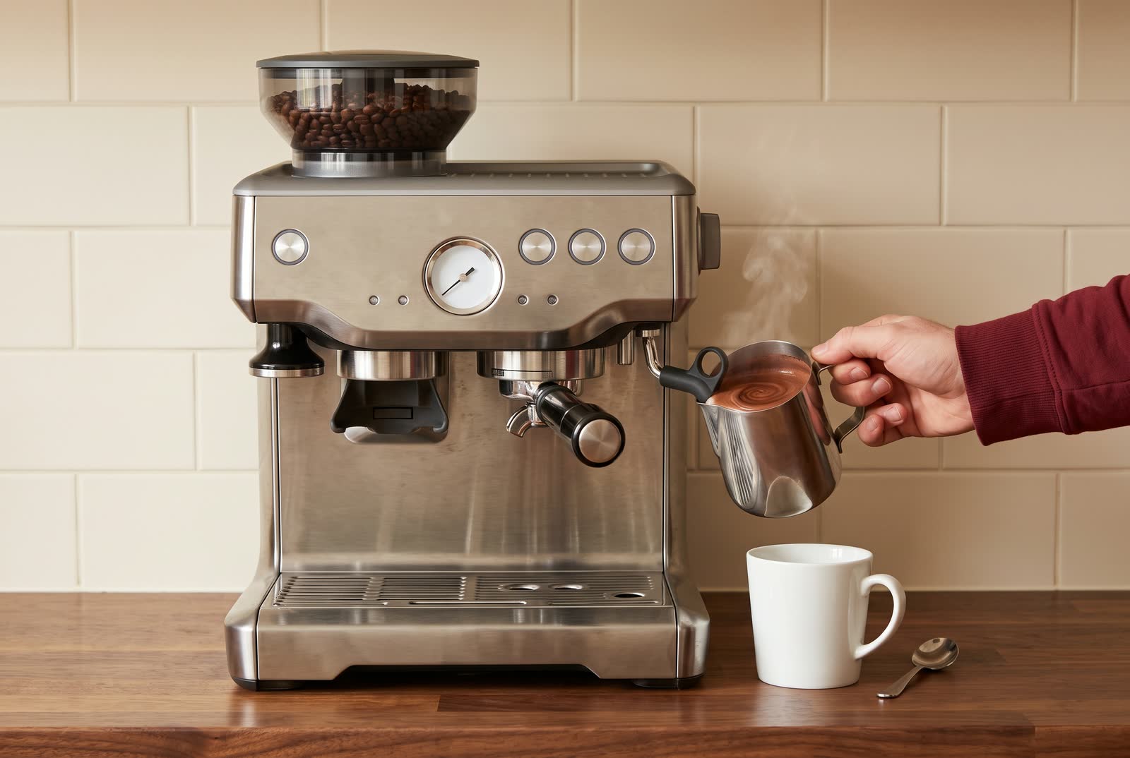 A hand in a dark red sleeve holds a steel milk jug of thick dark cocoa up under the chrome steam wand of a matt black espresso machine on a walnut counter, the cocoa steaming hard with a swirl turning on its surface, a plain white mug waiting beside it.