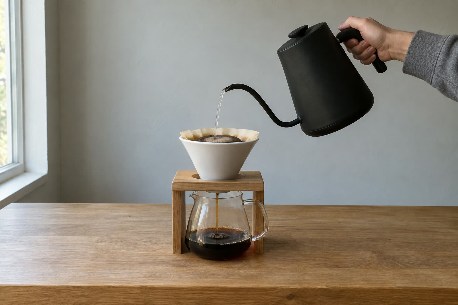 A hand in a grey sleeve pours from a matt black gooseneck kettle into a white ceramic pour-over cone on a wooden stand over a glass server, on a light oak counter in front of a pale grey wall, a window at the left.