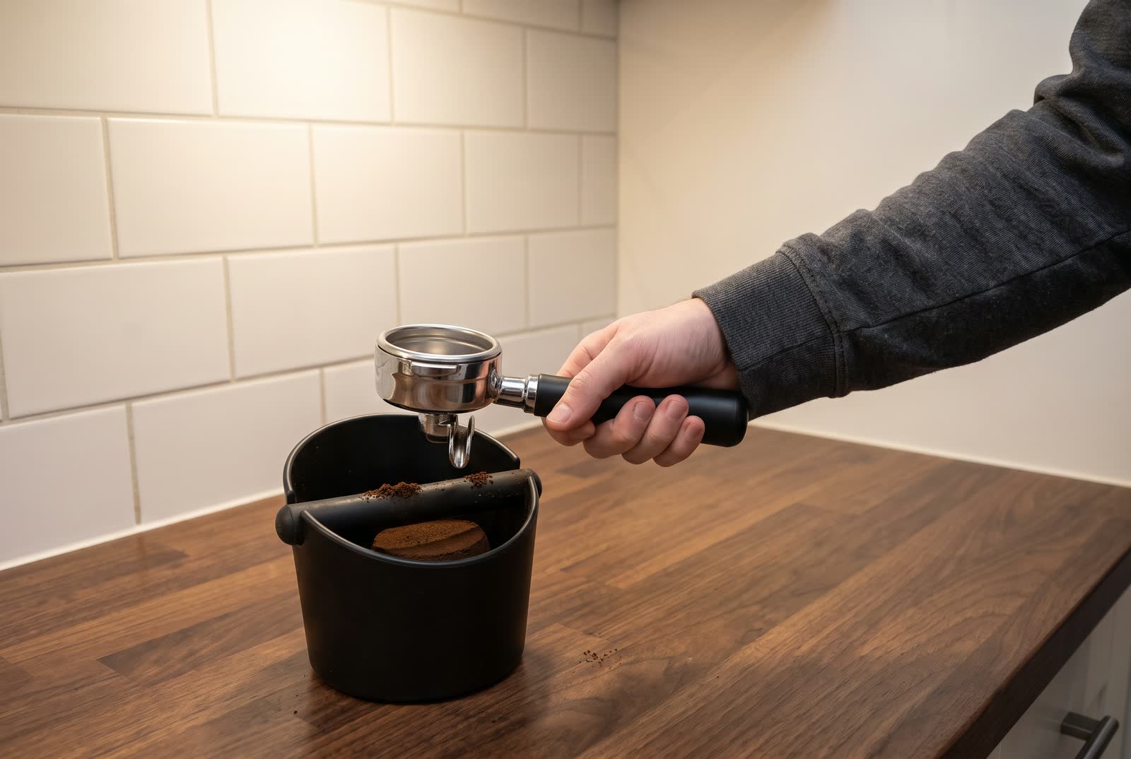 A hand holds an empty chrome portafilter above a black knock box on a walnut counter, a spent coffee puck lying inside it.