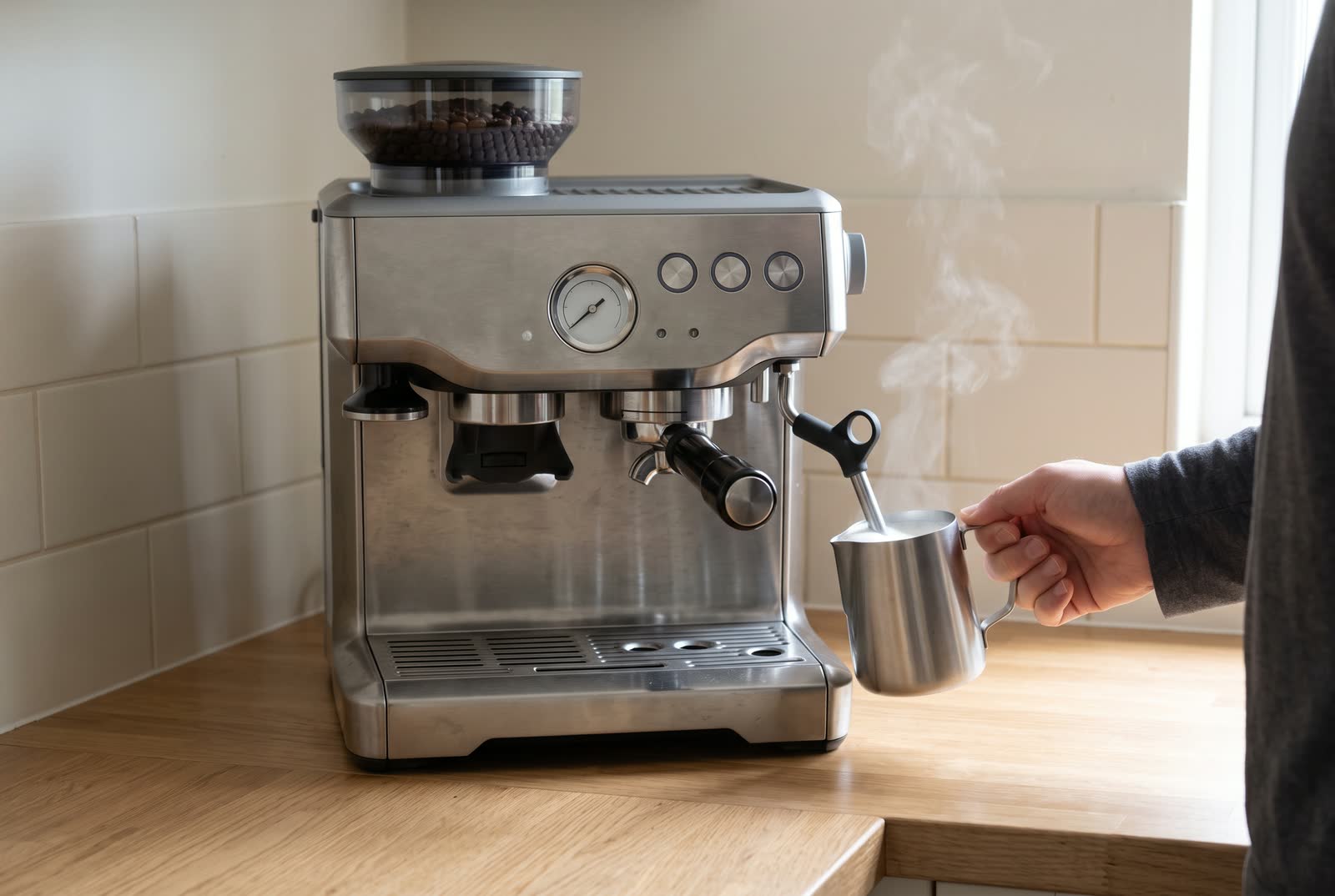 A hand holds a steel milk jug under the steam wand of an espresso machine, the milk foaming and steam rising.