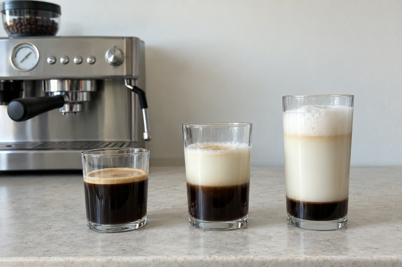 Three plain glasses of different heights in a row on a pale stone counter, the coffee and the milk in each one showing as bands, with the bare steel side of an espresso machine behind them on the left.