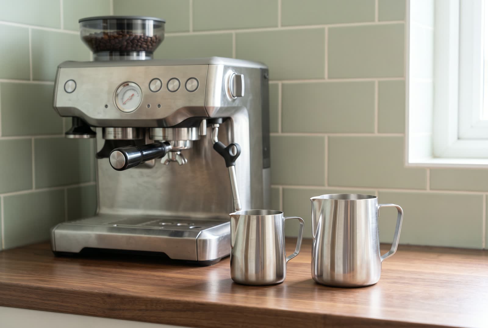Two plain stainless steel milk jugs stand side by side on a walnut counter, the left one small with a tight pointed spout and the right one larger with a wider rounded spout, a brushed steel espresso machine out of focus behind them and pale sage tile on the wall.