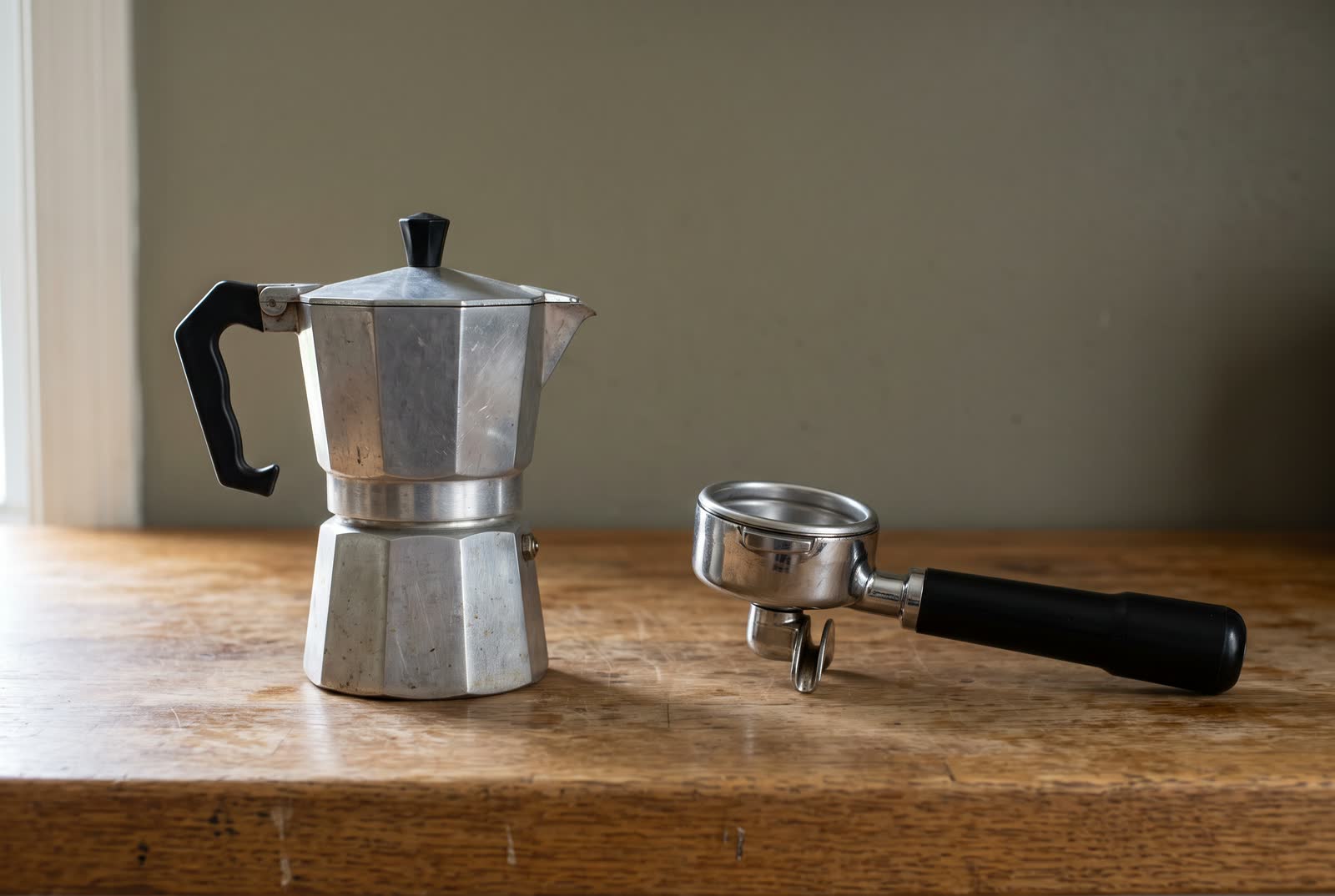 A dulled octagonal moka pot and a bare chrome portafilter lie side by side on a worn old oak counter.