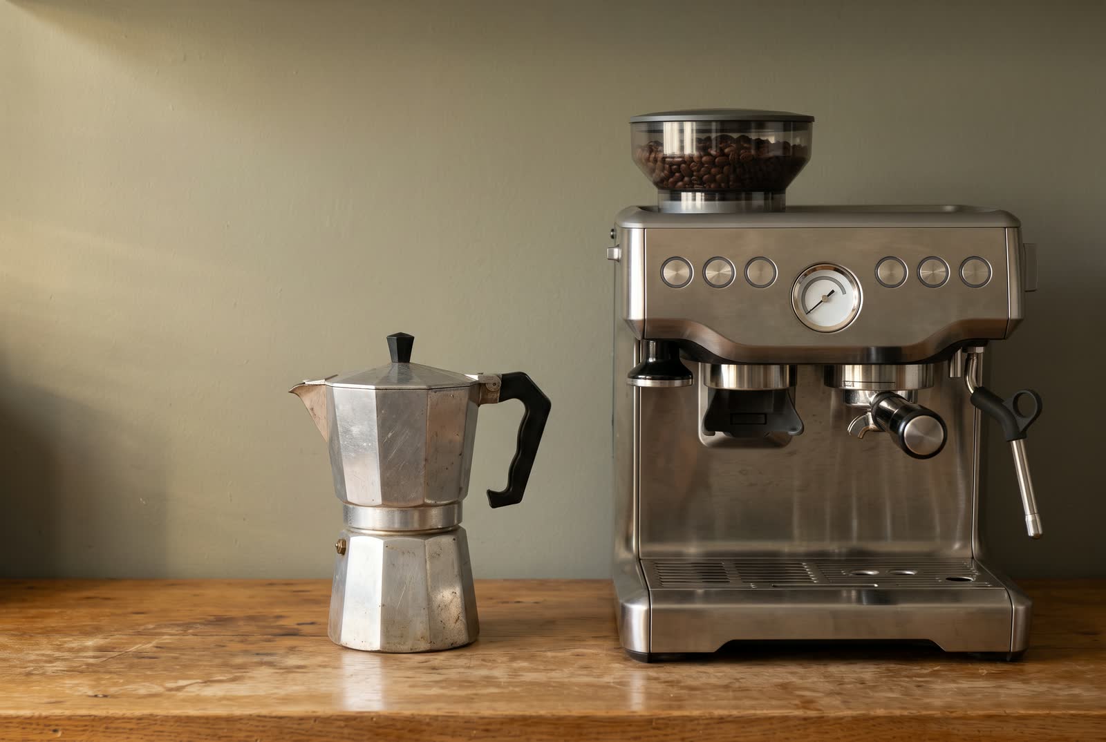 A dulled and scratched octagonal aluminium moka pot with a black handle stands on a worn old oak counter beside a modern brushed steel espresso machine that is taller and heavier than it, warm low light from the left, neither of them carrying a name.