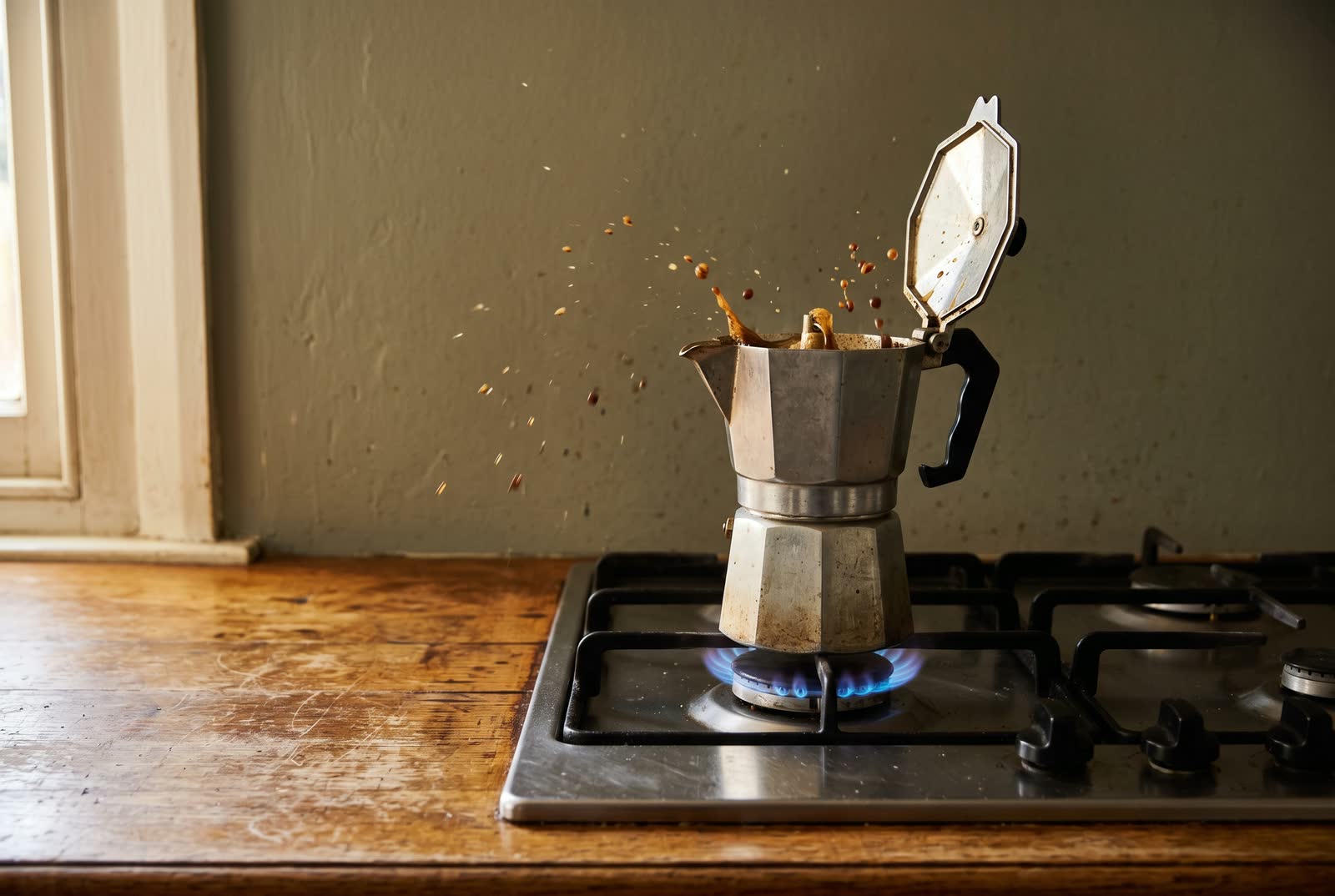 A dulled moka pot mid-sputter on a lit gas ring, its lid open and coffee spitting into the air.