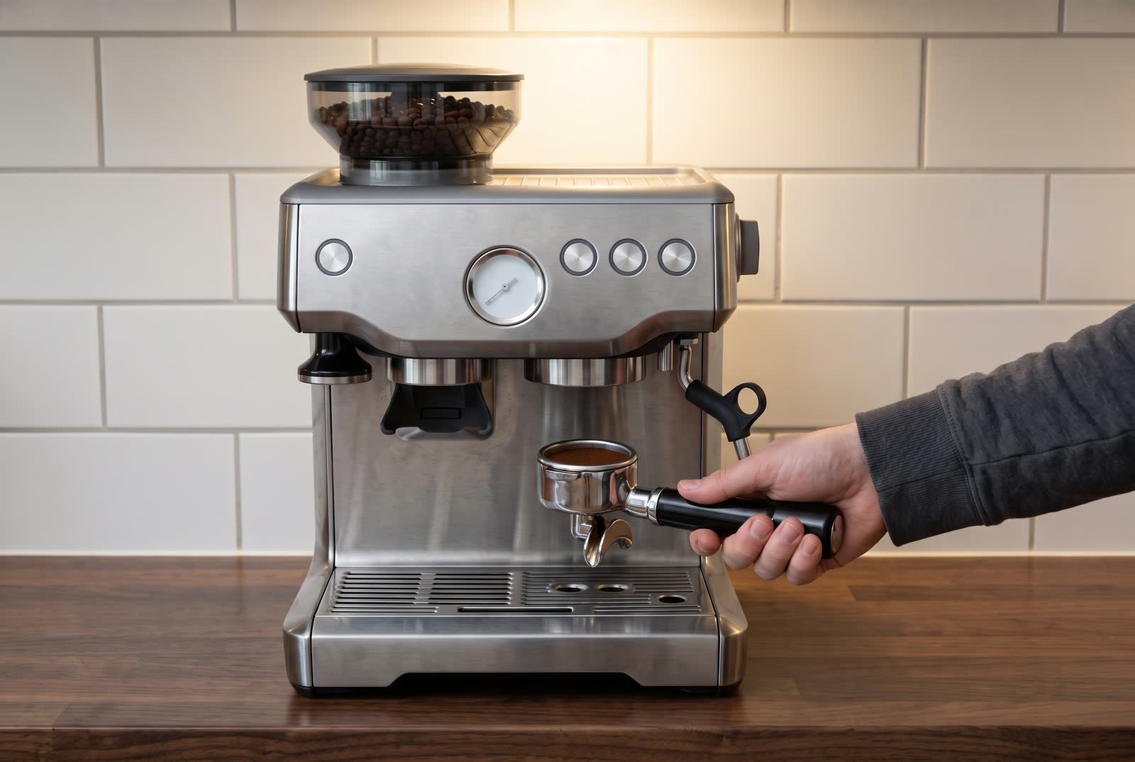 A hand holds a chrome portafilter out of an espresso machine, its basket full of fresh ground coffee.