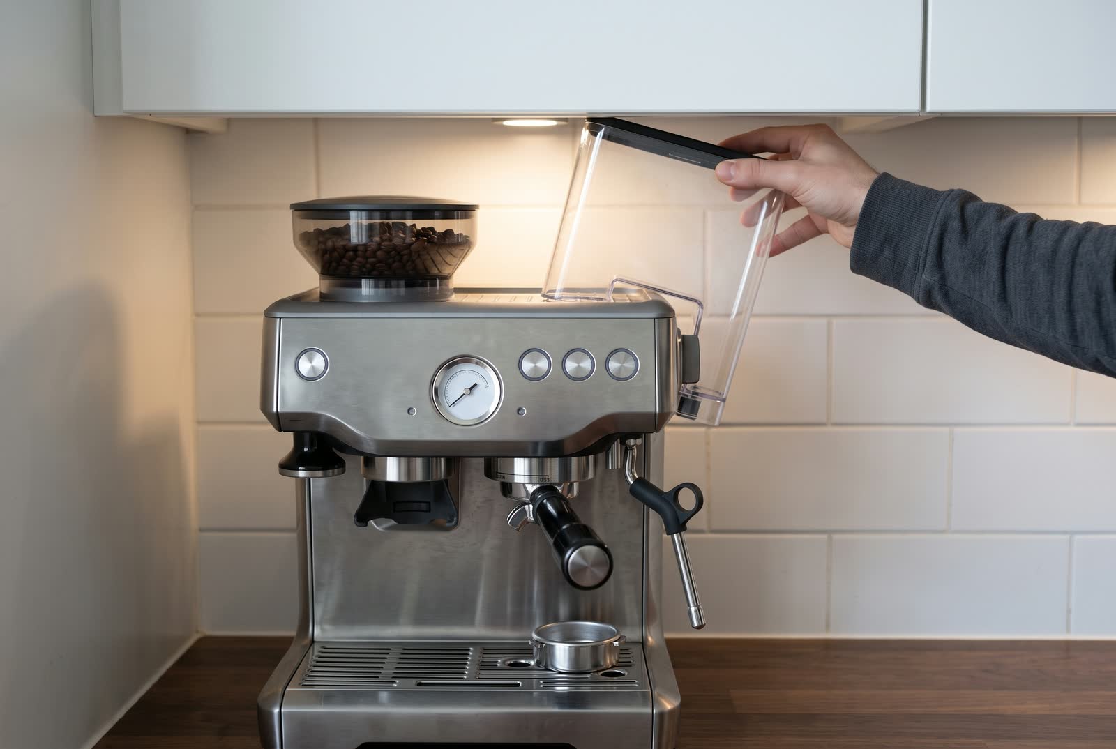 A hand lifts a clear water tank out of an espresso machine under a cabinet, a light on above it.