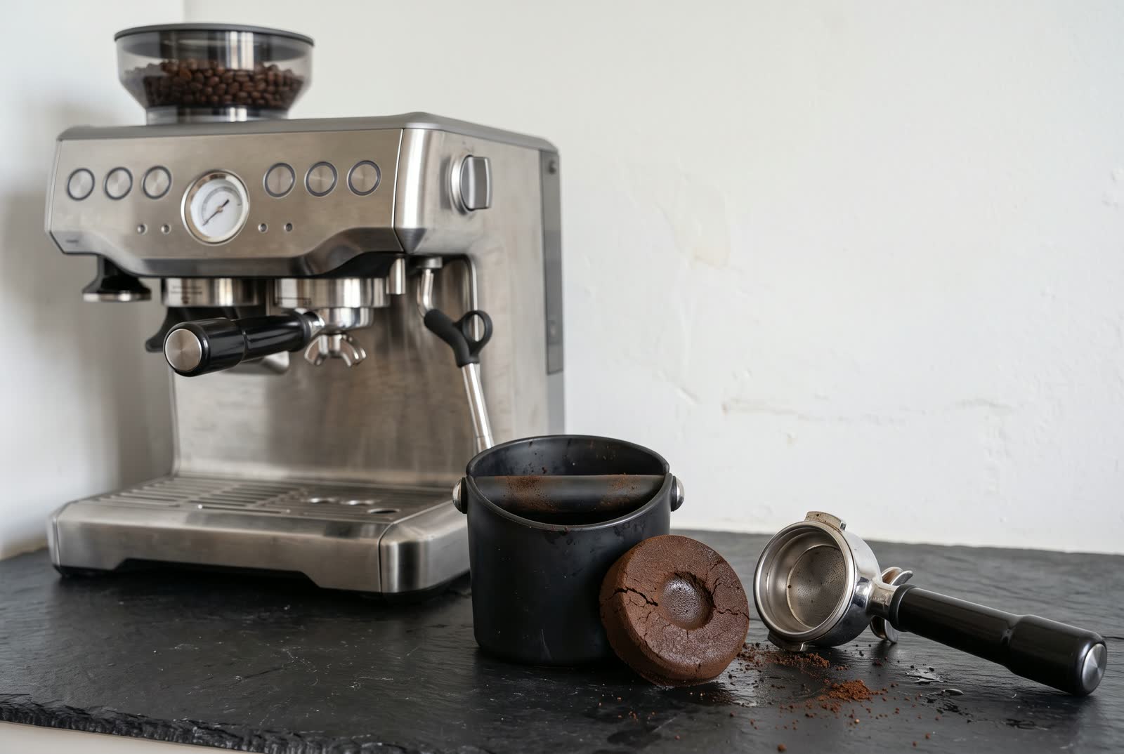 A spent coffee puck lies knocked out whole on a dark slate counter beside a round black knock box, its damp cracked face and the shallow crater worn through its middle turned towards the camera, a chrome portafilter on its side with its empty basket showing.