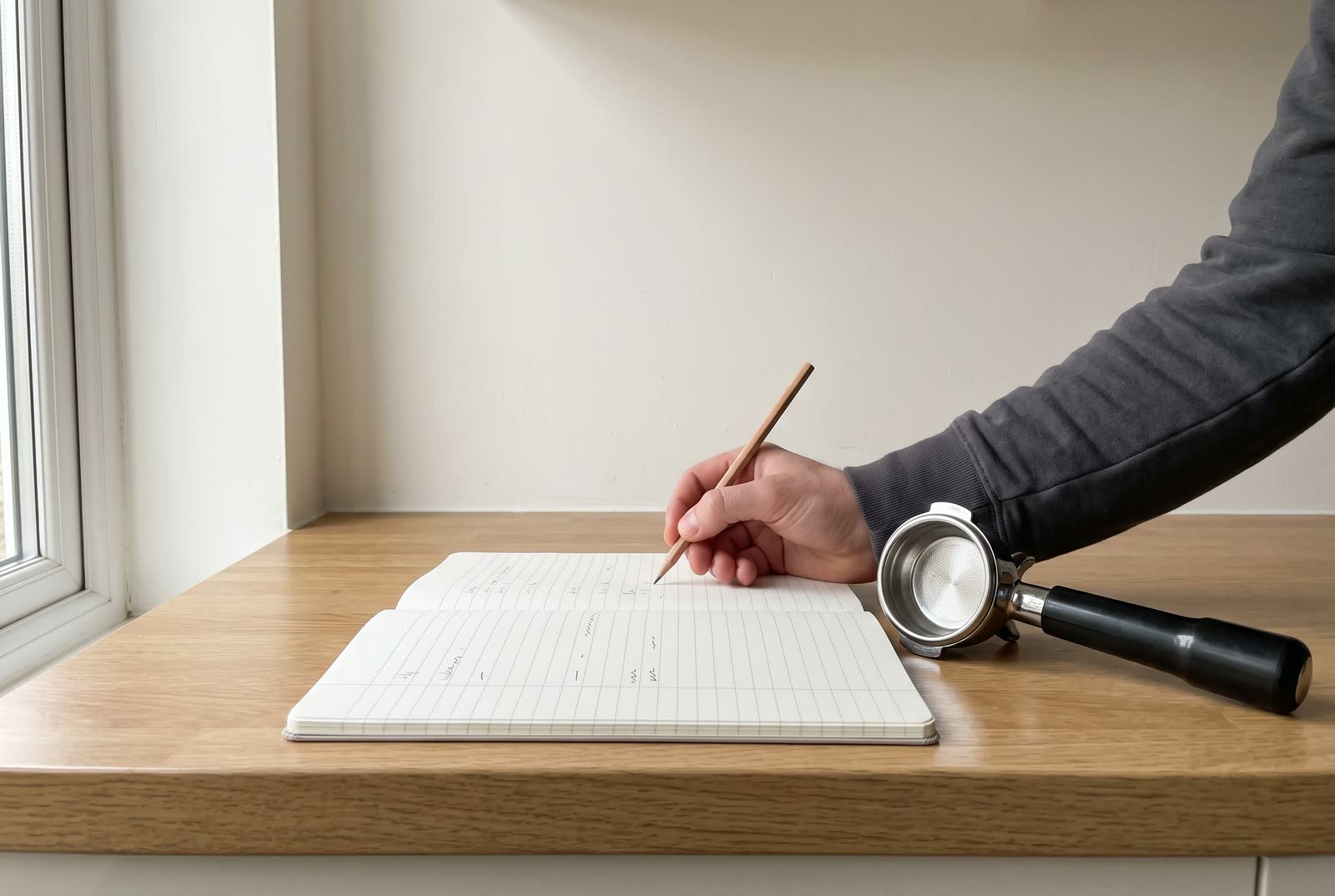 A hand holds a pencil over a ruled notebook page beside a portafilter, its marks plain scribbles.