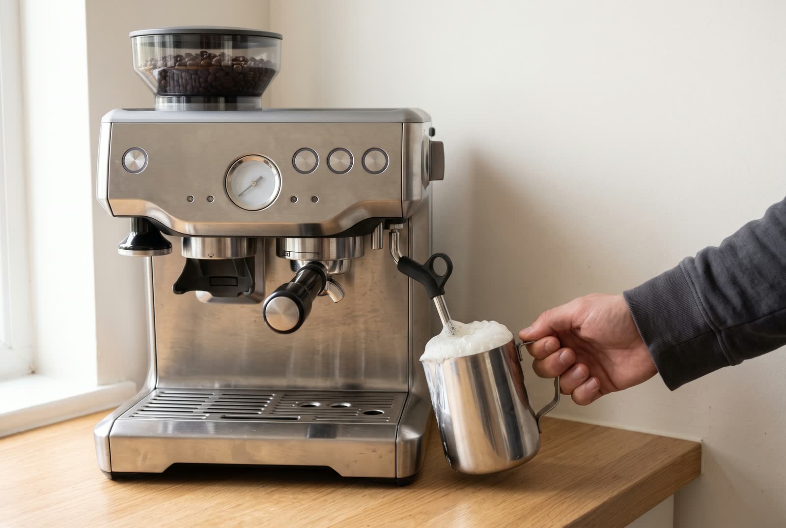 A hand tilts a steel milk jug under a steam wand, the milk over-foamed with coarse bubbles above the rim.