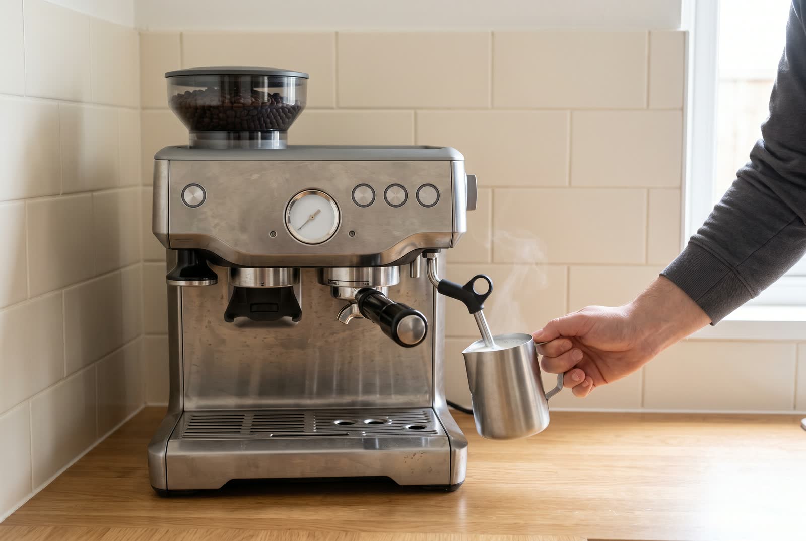 A hand in a dark grey sleeve holds a plain steel milk jug under the steam wand of a bare steel espresso machine on a light oak counter, foam rising in the jug, cream subway tile behind and a window at the right.