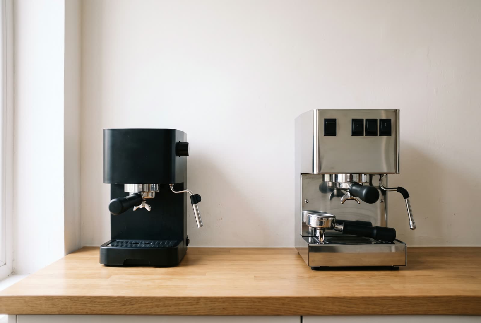 A black plastic espresso machine and a boxy steel one stand side by side, compared front to front.