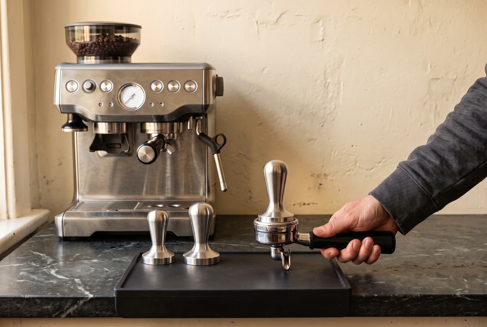 A hand in a dark grey sleeve presses a polished steel tamper into a portafilter on a black rubber mat on a dark soapstone counter, two more plain steel tampers of clearly different widths standing on the mat, a brushed steel espresso machine soft in the background at the left.