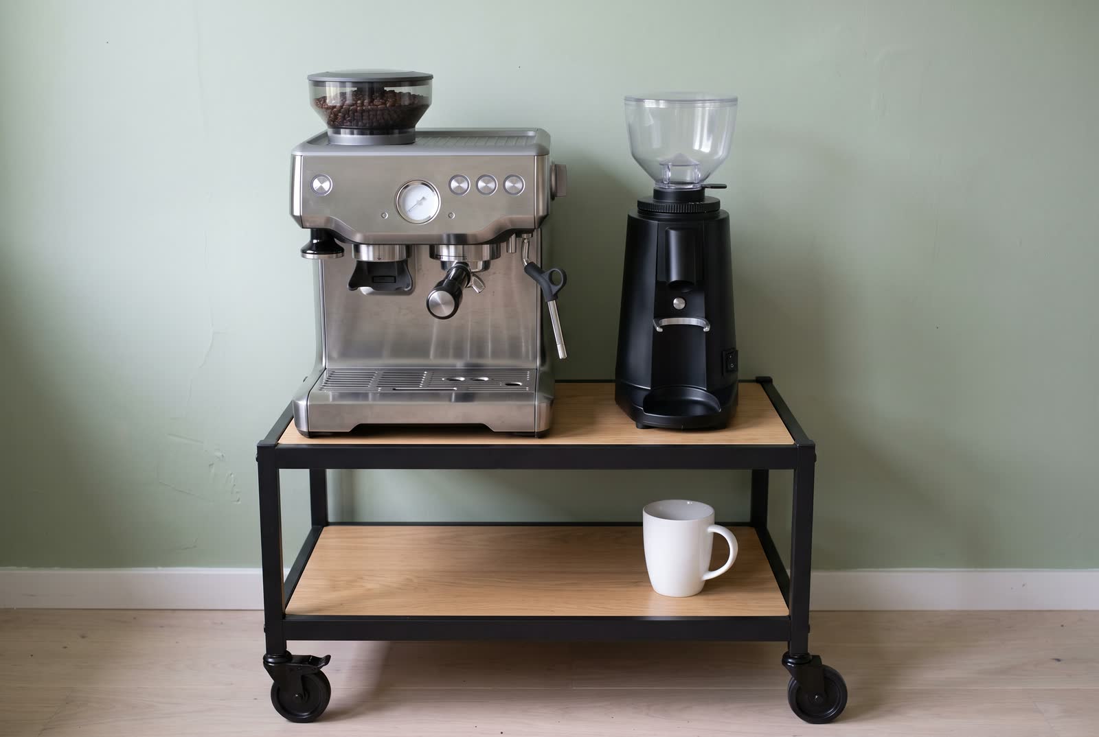 A black kitchen cart on castors holds an espresso machine and a grinder on its top shelf and one white mug below.