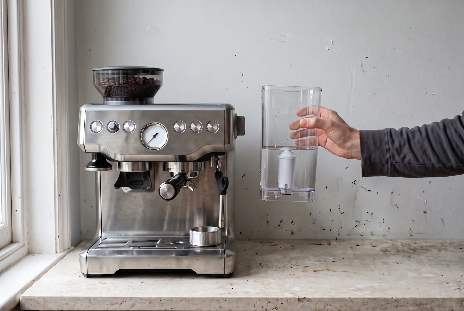 A hand holds a water tank lifted clear of an espresso machine, a filter cartridge visible inside.