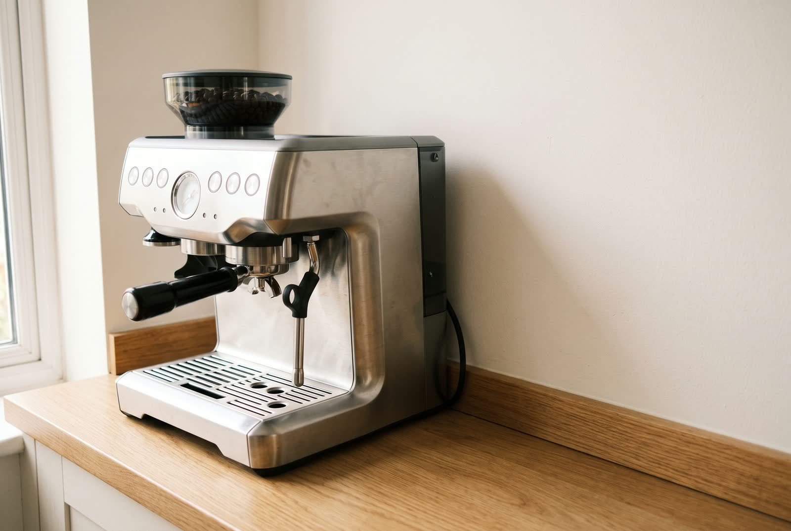An espresso machine on a counter, seen from the side, a narrow gap and its cable visible behind it.