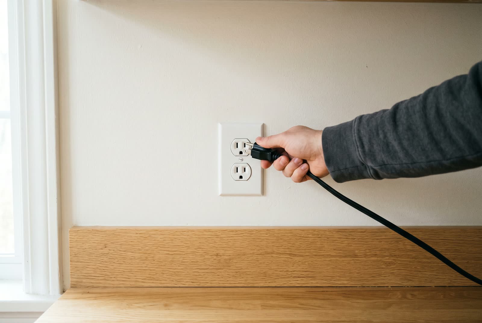 A hand pushes a plain black plug into a US wall socket above a light oak counter.