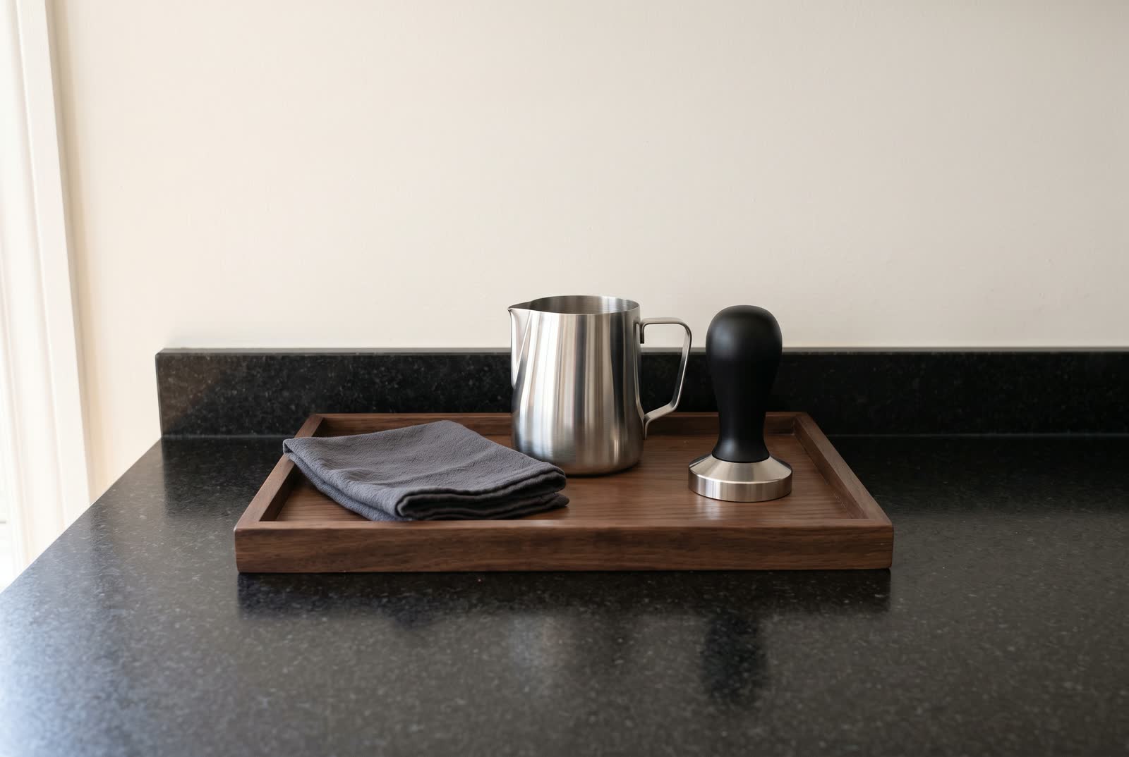 A milk jug, a tamper and a folded cloth on a dark wood tray on a black granite counter.