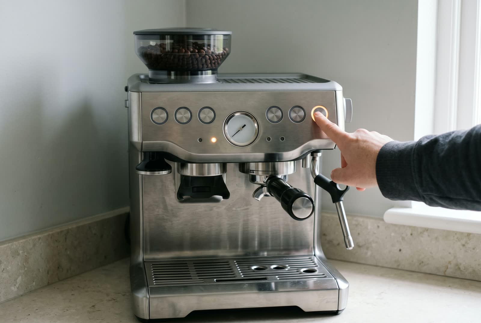 A fingertip presses the power button on an espresso machine, one amber light glowing beside it.