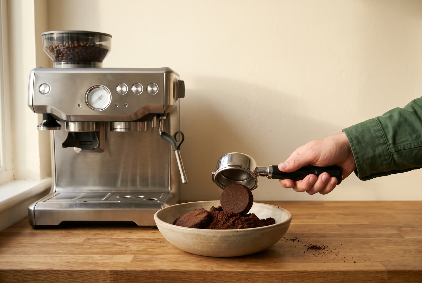A hand in a dark green sleeve holds a portafilter upside down over a plain stoneware bowl of spent coffee grounds on a butcher block counter, a puck falling into the bowl, with a bare steel espresso machine behind on the left.