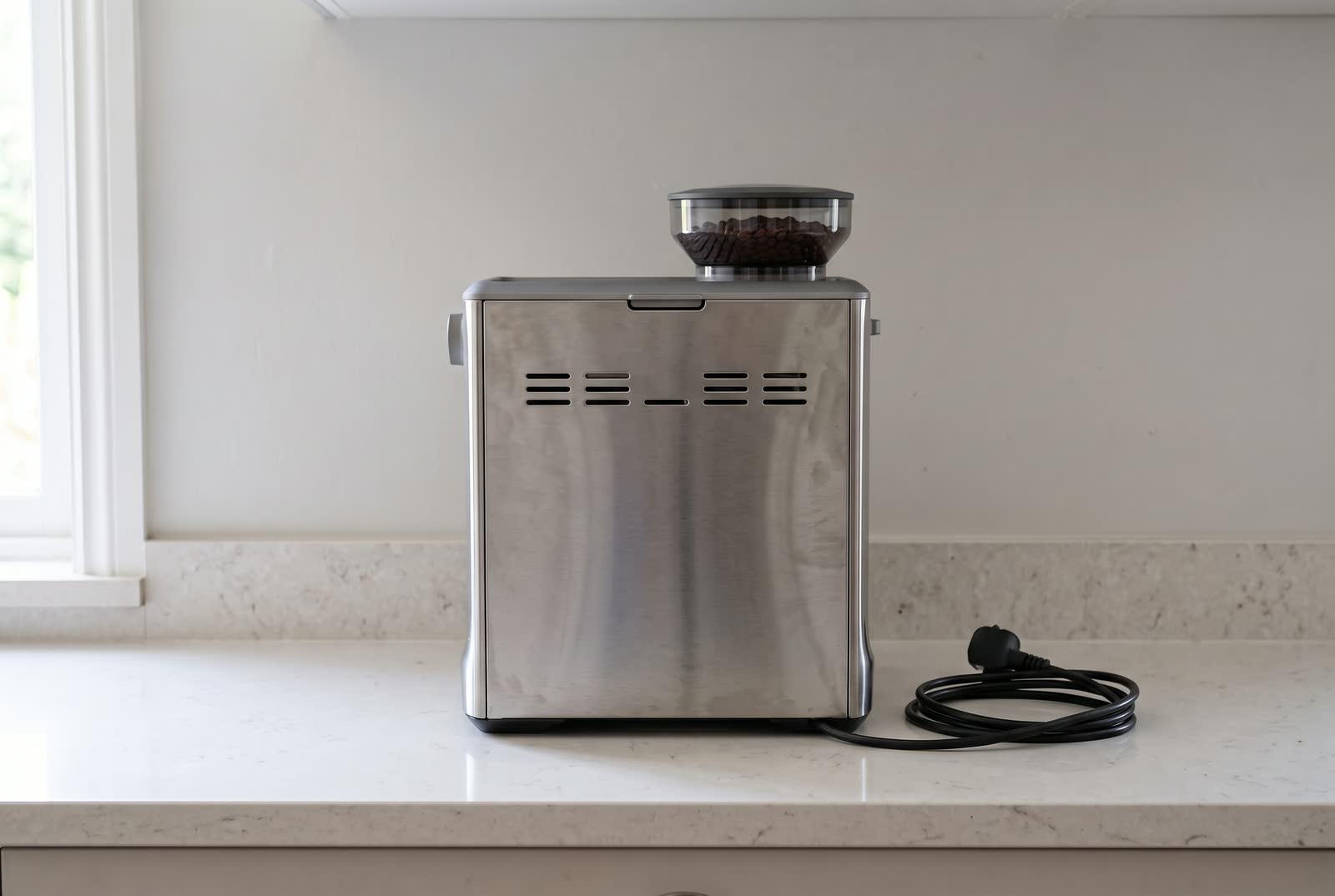 An espresso machine seen from directly behind, its cable unplugged and coiled on the counter.
