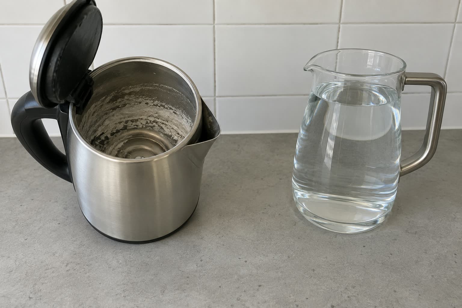 A brushed steel electric kettle stands open and tipped towards the camera on a pale grey concrete counter, its heating element furred with thick chalky white scale, a plain glass jug of perfectly clear water beside it.