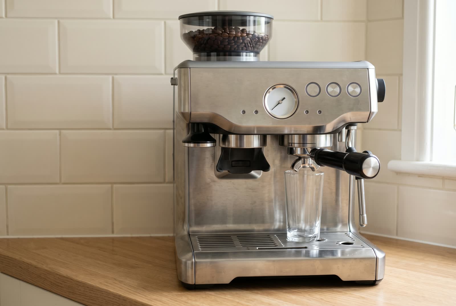 A tall clear glass sits under an espresso machine's spout, only a finger's gap between rim and spout.